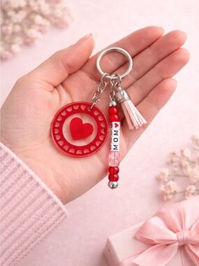 Mom Red Heart Keychain with Beads